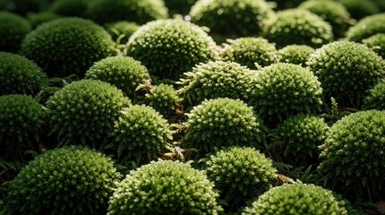 Obraz premium Close up of dense green moss clusters growing on forest floor. Rich, verdant, soft cushion like texture creates natural background. Macro view.