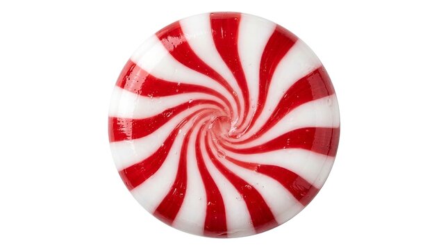 Round peppermint candy featuring red and white swirl pattern isolated on pure white background with displays single circular spiral pattern captured