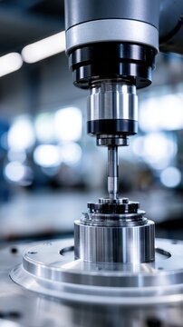 Precision metalworking process in advanced industrial manufacturing with high-tech machinery operating on a detailed cylindrical component against a blurred fac