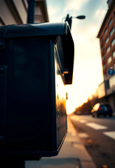 Obraz premium Dark metal mailbox on a city street at sunset with blurred background and warm light