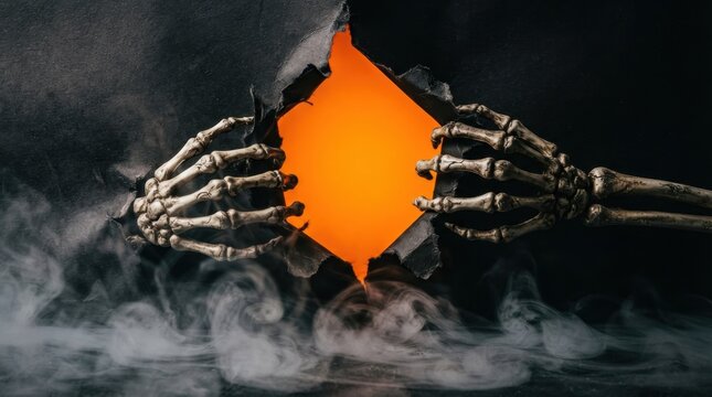 Skeleton hands tearing dark paper revealing glowing light close up