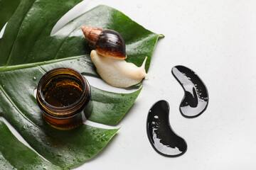 Tropical leaf, giant Achatina snail, under-eye patches and jar of cosmetic product on white background, closeup © Pixel-Shot