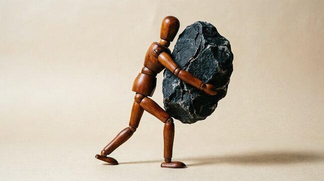 Wooden mannequin pushing large boulder uphill
