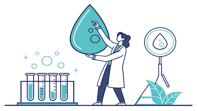 Scientist holding large water droplet near laboratory test tubes and plant, illustrating water quality research, purity testing and environmental science