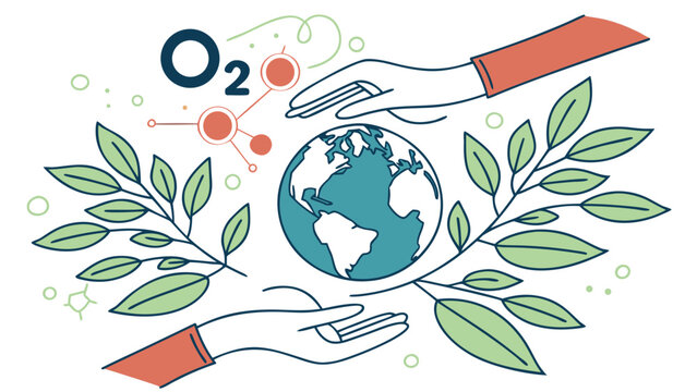 Hands protect planet earth surrounded by green leaves, oxygen symbol and airplane, illustrating ecology, clean air, sustainability and environmental protection
