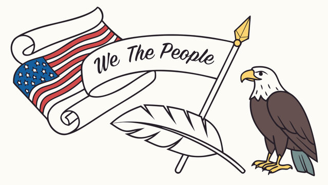 American patriotic illustration with we the people constitution scroll, united states flag, quill pen and bald eagle symbolizing freedom and democracy