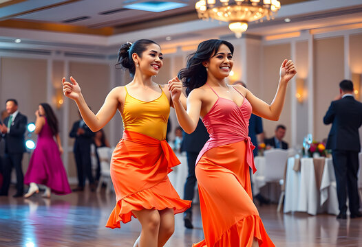 Two smiling young women in colorful dresses dancing at a formal event with a chandelier and blurred guests in the background