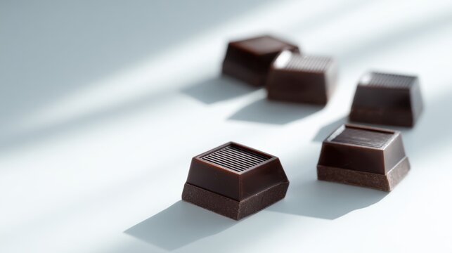 Five pieces of dark chocolate with detailed ridged tops casting soft shadows on a white surface in natural light for gourmet treats and dessert concepts