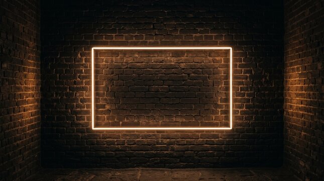 Rectangular orange neon light frame glowing on a dark weathered brick wall background in a dim room with corner shadows and textured masonry surface for copy space.