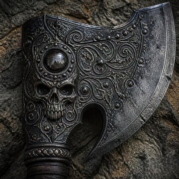 Decorative axe head with skull motif