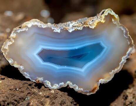 Close-up of a glowing blue crystal geode in rock.
