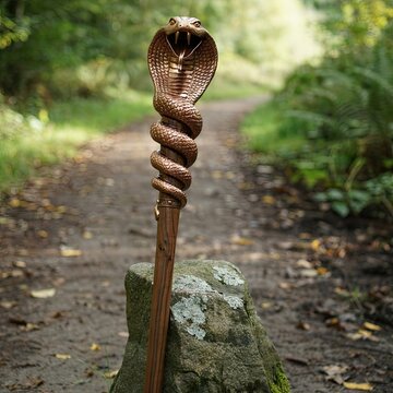 Carved cobra wooden walking stick outdoors