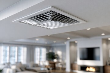 Fototapeta premium Modern white ceiling air vent in a bright living room with large windows and a fireplace creating a cozy and comfortable atmosphere
