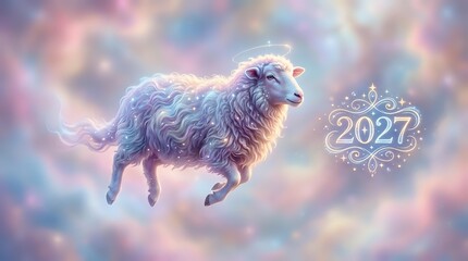Obraz premium Fluffy sheep jumping through dreamy clouds with glowing 2027 number
