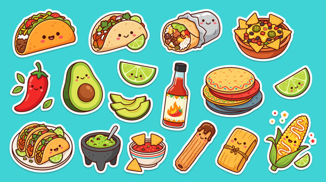 Kawaii style mexican food vector illustration set featuring smiling tacos burritos nachos avocado and hot sauce on cyan background surface