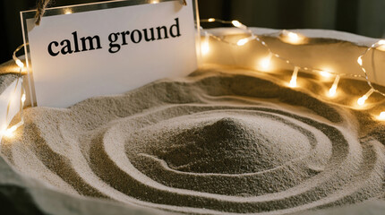 Obraz premium Sand box with soft light and text calm ground invites peace. Small lights add warmth to this serene indoor setting, promoting relaxation and mindfulness.