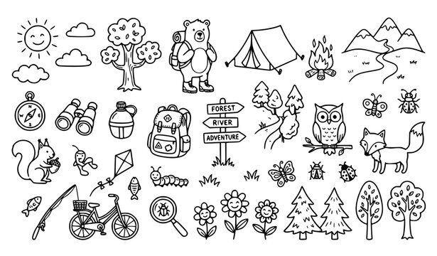Funny Hand Drawn Outdoor Doodle Icons for Kids Vector Collection
