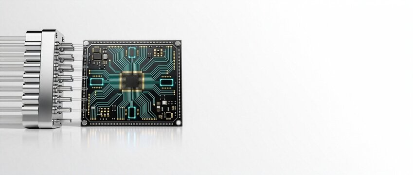 Panoramic 21:9 3D render of a photonic integrated circuit chip on the far left with clean white copy space