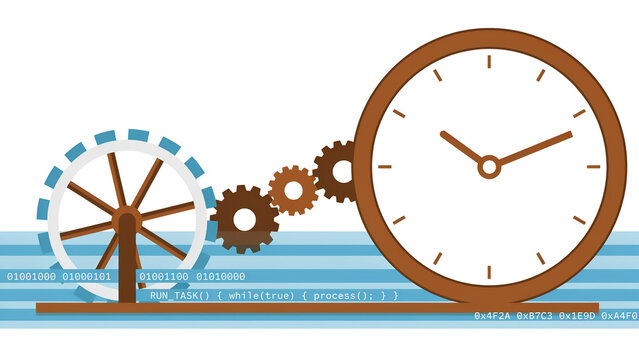 Abstract geometric waterwheel powering digital clock in flat design