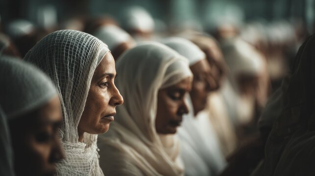 Group of women wearing headscarves in profile at event