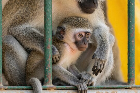 Mother vervet monkey sits behind green metal bars in zoo enclosure. Small baby monkey clings to parent looking through fence. Wildlife animals live in captivity within primate cage. Close up of cute