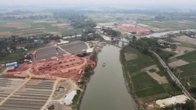 Drone View of Brick Manufacturing Yard and Traditional Kilns in Rural Bangladesh