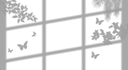 A soft overlay of window frame and natural foliage shadows with flying butterflies cast on a wall surface isolated on a clear transparent background © AHAMMED