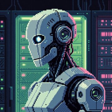 Pixel art illustration of humanoid robot head, torso. Cybernetic android with glowing blue eye stands in high tech server room. Digital machine sits among computer hardware, data center equipment.