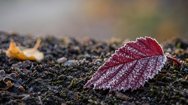 A single red autumn leaf covered in morning frost lying on the cold dark ground in nature