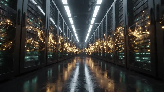 Modern indoor cannabis cultivation facility with glowing plants.