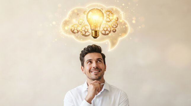 A professional man contemplating a brilliant idea represented by a glowing light bulb and spinning mechanical gears floating inside a thought bubble