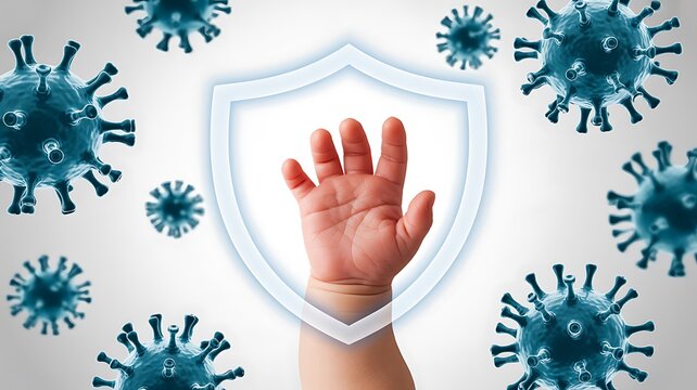 Protective shield with human hand surrounded by viruses representing health security and disease prevention