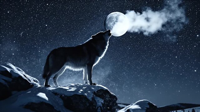 Lone wolf howling at full moon under starry night sky in snowy mountains
