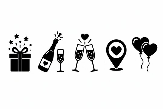 Black wedding and celebration icons set with gift and champagne bottle