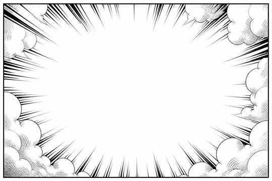 Comic burst frame with radial speed lines and cloud edges