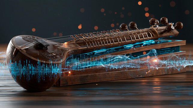 Traditional Indian sitar with futuristic digital sound waves and light trails
