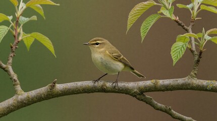 Obraz premium Small common chiffchaff bird sits on tree branch. Tiny green warbler perches alone amidst fresh spring leaves. Natural wildlife scene features avian subject with soft bokeh background. Beautiful