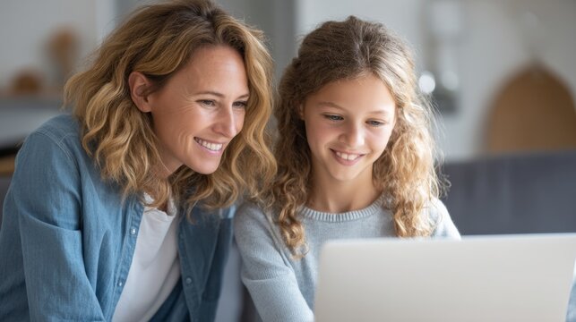 A joyful moment between a mother and daughter as they explore their interests together on a laptop at home creating a bonding experience. Generative AI