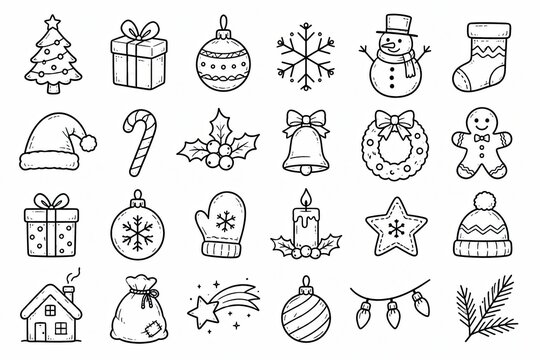 Set of hand drawn christmas icons and festive holiday doodle elements