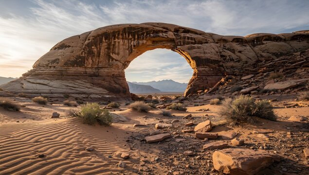 Natural sandstone arch with layered geological texture in desert landscape