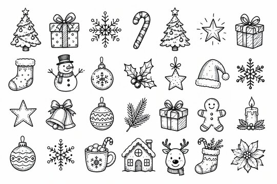 Set of hand drawn christmas icons and holiday decorative sketch elements
