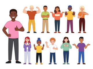 Obraz premium Diverse People Expressing Various Emotions and Hand Gestures