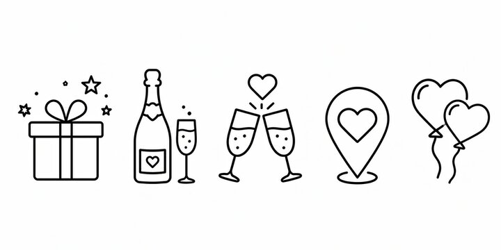 Set of valentine day celebration icons with hearts and party elements