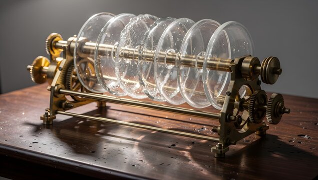 Historical glass armonica musical instrument with transparent bowls and brass mechanism