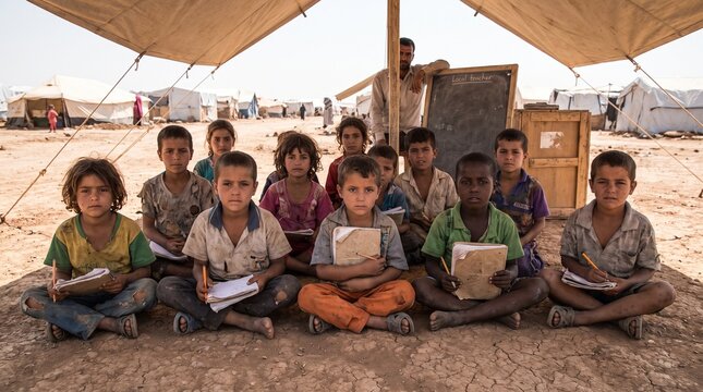 Group of eager rural school children sitting on the ground with notebooks in an outdoor makeshift classroom, highlighting access to education, child literacy drives, and non-profit schooling projects 