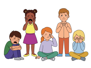 Set of Diverse Children Crying and Feeling Sad Illustration