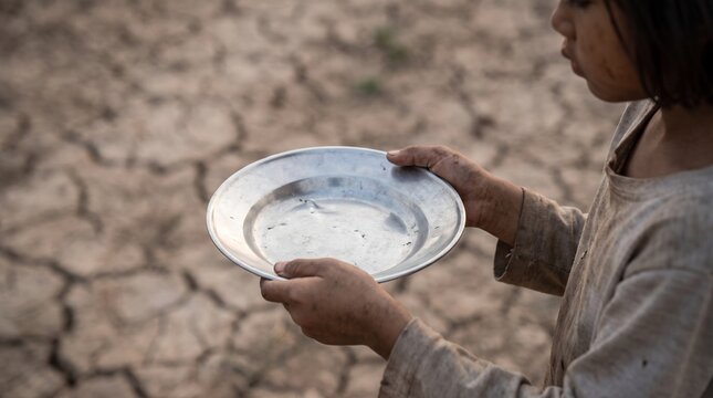 Emotional close up of a child holding an empty aluminum plate in both hands over barren ground, emphasizing childhood malnutrition, food scarcity, global hunger crisis, and non-profit nutrition assist