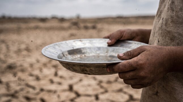 Close up view of dirty hands holding an empty metal plate against a cracked dry soil backdrop, symbolizing severe famine, drought disaster, extreme hunger, food insecurity, and global poverty relief c