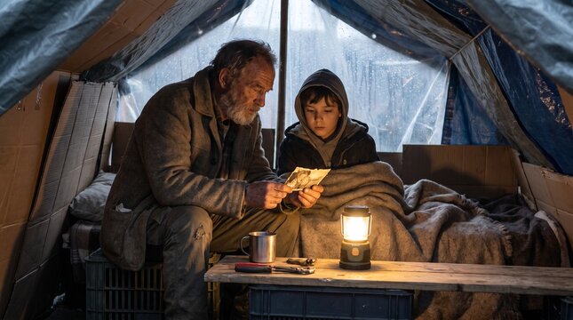Intimate indoor shot of an elderly grandfather reading a book with his young grandson inside a canvas tent illuminated by an oil lantern, symbolizing education continuity, family warmth, and literacy 