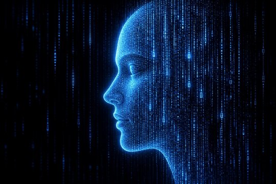 Digital human face composed of blue data streams